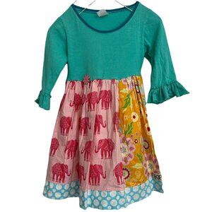 KPea Floral Elephant Dress Girls Green Multicolor 3/4 Bell Sleeve Pullover Sz 5T